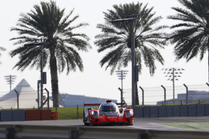 LMP2 car in Abu Dhabi with palm trees in the background